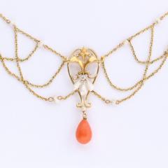 Art Nouveau 14k Gold Pearl Coral and Diamond Swag Necklace - 2551265