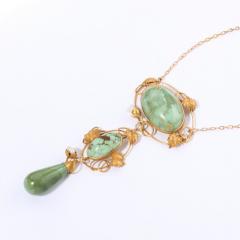 Art Nouveau 14k Gold Turquoise and Pearl Lavalier Style Necklace - 2551233