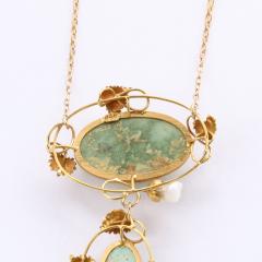 Art Nouveau 14k Gold Turquoise and Pearl Lavalier Style Necklace - 2551236