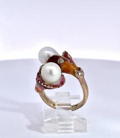 Art Nouveau Double Pearl Diamond and Enamel ring - 3910669