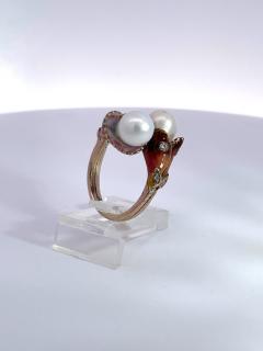 Art Nouveau Double Pearl Diamond and Enamel ring - 3910670