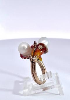 Art Nouveau Double Pearl Diamond and Enamel ring - 3910674