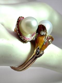 Art Nouveau Double Pearl Diamond and Enamel ring - 3910676