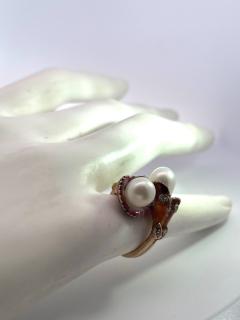 Art Nouveau Double Pearl Diamond and Enamel ring - 3910677