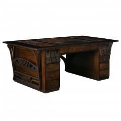 Art Nouveau Ebonized Oak Worn Leather Antique Pedestal Desk - 1175115
