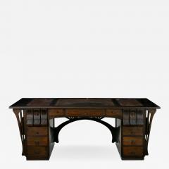 Art Nouveau Ebonized Oak Worn Leather Antique Pedestal Desk - 1175224