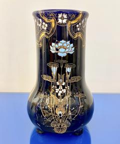 Art Nouveau French Antique Ceramic Vase in Blue Majolica with White Gold Flowers - 3381348