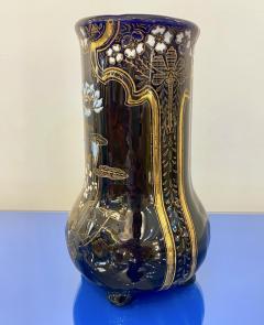 Art Nouveau French Antique Ceramic Vase in Blue Majolica with White Gold Flowers - 3381349