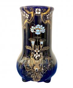 Art Nouveau French Antique Ceramic Vase in Blue Majolica with White Gold Flowers - 3381350