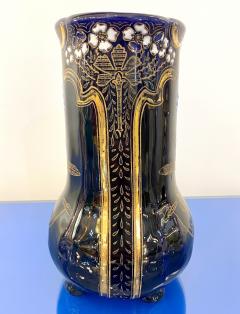 Art Nouveau French Antique Ceramic Vase in Blue Majolica with White Gold Flowers - 3381352
