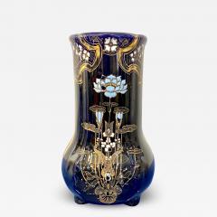 Art Nouveau French Antique Ceramic Vase in Blue Majolica with White Gold Flowers - 3383680