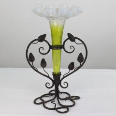 Art Nouveau French hand made iron epergne with a green Vaseline glass flower  - 4186899