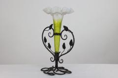 Art Nouveau French hand made iron epergne with a green Vaseline glass flower  - 4186900