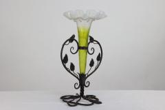 Art Nouveau French hand made iron epergne with a green Vaseline glass flower  - 4186901