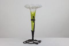 Art Nouveau French hand made iron epergne with a green Vaseline glass flower  - 4186902