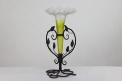 Art Nouveau French hand made iron epergne with a green Vaseline glass flower  - 4186903