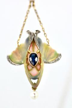 Art Nouveau Sapphire Pearl Enamel Pendant 14K - 3736123