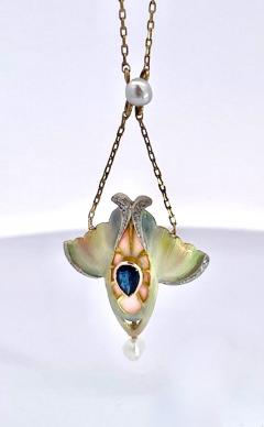 Art Nouveau Sapphire Pearl Enamel Pendant 14K - 3736124