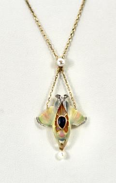 Art Nouveau Sapphire Pearl Enamel Pendant 14K - 3736125