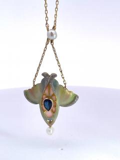 Art Nouveau Sapphire Pearl Enamel Pendant 14K - 3736126