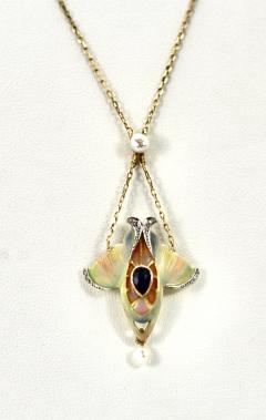 Art Nouveau Sapphire Pearl Enamel Pendant 14K - 3736127