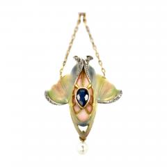 Art Nouveau Sapphire Pearl Enamel Pendant 14K - 3740248