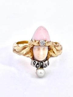 Art Nouveau extremely rare Carved Portrait of a Lady Flowing Hair Ring - 3887925