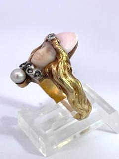 Art Nouveau extremely rare Carved Portrait of a Lady Flowing Hair Ring - 3887926