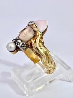 Art Nouveau extremely rare Carved Portrait of a Lady Flowing Hair Ring - 3887930