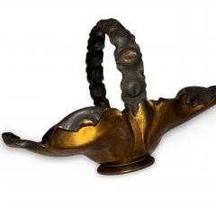Art Nouveau patinaed brass scalloped basket with insect and handle - 4671553