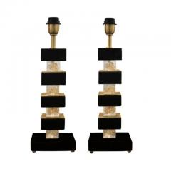 Artisan Pair of Black and Clear Murano Glass Cube Table Lamps - 3936282