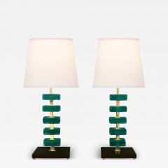 Artisan Turquoise Murano Glass Cube Brass Table Lamps - 4208369