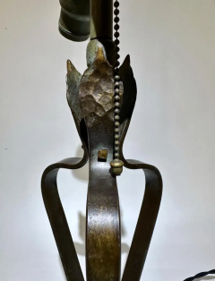 Arts Crafts Hand Forged Brass Iron Verdigris Table Lamp C 1920s - 3070044