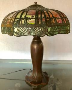 Arts Crafts Handel Palm Tree Table Lamp Signed on Base and Shade - 2998259