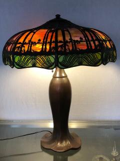 Arts Crafts Handel Palm Tree Table Lamp Signed on Base and Shade - 2998260