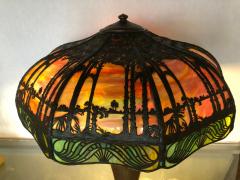 Arts Crafts Handel Palm Tree Table Lamp Signed on Base and Shade - 2998262