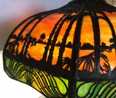 Arts Crafts Handel Palm Tree Table Lamp Signed on Base and Shade - 2998263