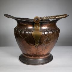 Arts Crafts copper coal bucket w repousse leaf decoration rope twist handle - 4189383