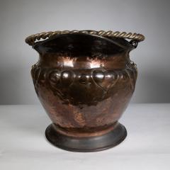 Arts Crafts copper coal bucket w repousse leaf decoration rope twist handle - 4189386