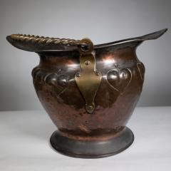 Arts Crafts copper coal bucket w repousse leaf decoration rope twist handle - 4189388