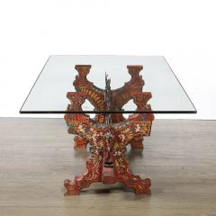 Arts and Crafts Sicilian Polychromed Wood Iron Glass Top Oxcart Cocktail Table - 4720208