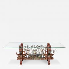 Arts and Crafts Sicilian Polychromed Wood Iron Glass Top Oxcart Cocktail Table - 4720585