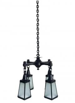 Arts and Crafts Wrought Iron Glass 4 Lantern Chandelier With Canopy - 4117181