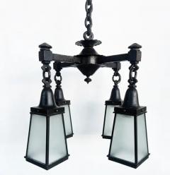 Arts and Crafts Wrought Iron Glass 4 Lantern Chandelier With Canopy - 4117210