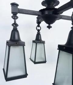 Arts and Crafts Wrought Iron Glass 4 Lantern Chandelier With Canopy - 4117212