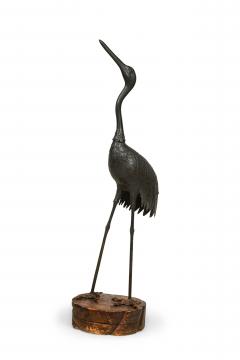 Asian Japanese iron life size figure of heron standing on round base - 4639784