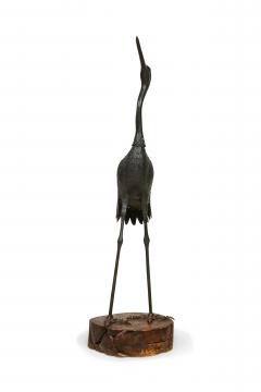 Asian Japanese iron life size figure of heron standing on round base - 4639785