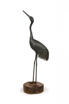 Asian Japanese iron life size figure of heron standing on round base - 4639786