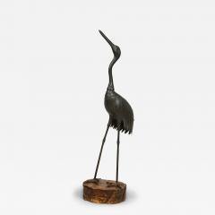Asian Japanese iron life size figure of heron standing on round base - 4643938