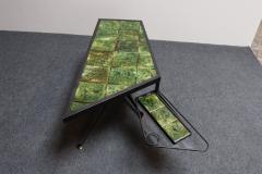 Asymmetrical French Modern Iron and Green Tile Swiveling Coffee Cocktail Table - 3851370